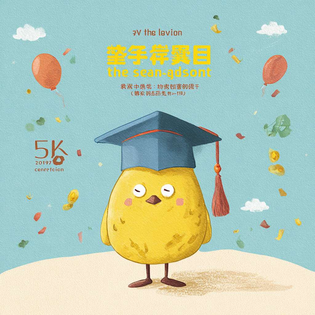 我需要设计一个KV主题，是一个幼儿园毕业典礼的海报，主题是“The fifth season graduation ceremony"。画面的主角是一个金色的种子（豆子）带着毕业帽，金色的种子是卡通形象有眼睛鼻子嘴（儿童卡通）。我需要一个非常完整的画面，要丰富的周围背景。 --ar 1:1 --v 7 --stylize 100 --fast --no 水印