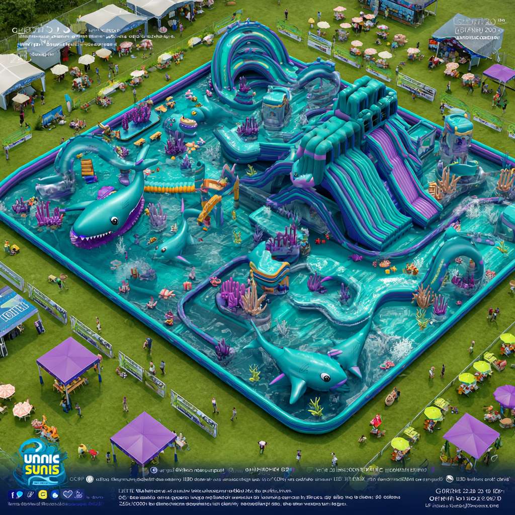 “Cartoon - style large inflatable playground, underwater shark theme. Aerial view, colorful sea - inspired colors (blue, turquoise, purple). Play structures shaped like sharks, sea creatures, coral reefs. Set in an outdoor grassy area (mock underwater scene with “sea - like” green lawn), surrounded by cartoon - simplified buildings. Leisure facilities (umbrellas, tables) match the theme. Bright, playful, high - detail cartoon rendering, family - friendly” --ar 1:1 --v 7 --stylize 100 --fast