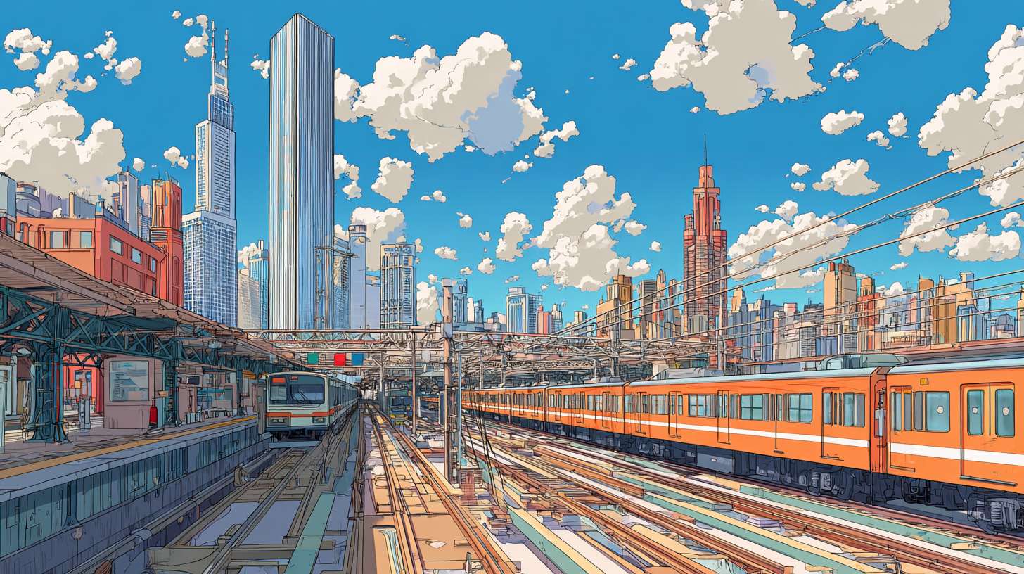 卡通效果，城市火车站， --ar 16:9 --v 7 --stylize 100 --fast --no 水印