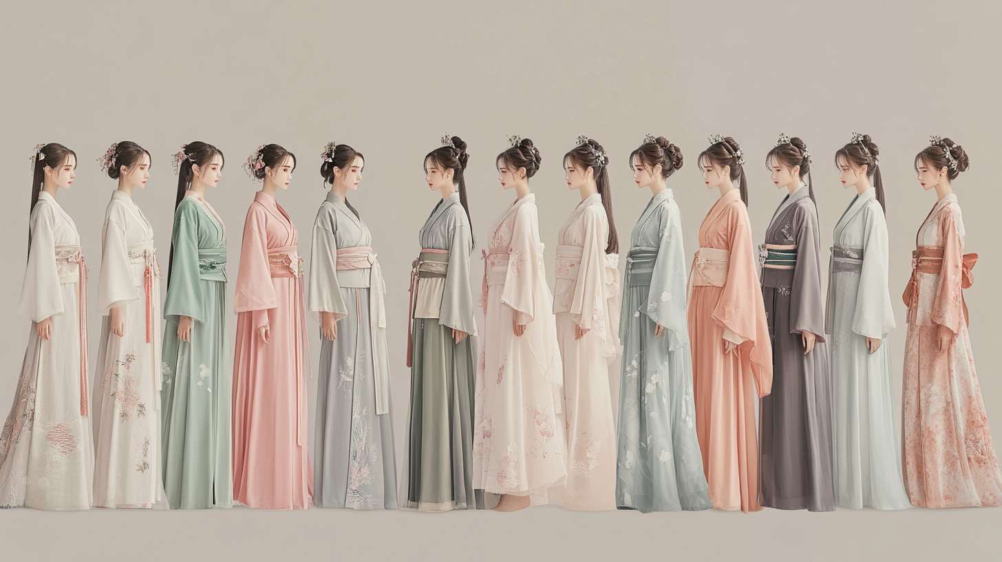 汉服，汉服图片，一张图片上有多套服装，一字排开，色彩淡雅，有模特，正对镜头 --ar 16:9 --v 6.1 --stylize 100 --fast