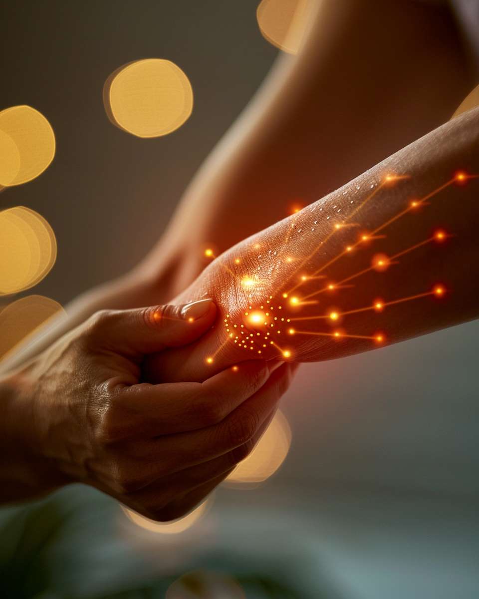 A close-up of an Asian person gently tapping the folds on the inside of their elbow crease, with red acupuncture points glowing and a soft golden light, in a minimalist medical illustration style, without text --ar 4:5 --v 6 --stylize 100 --fast