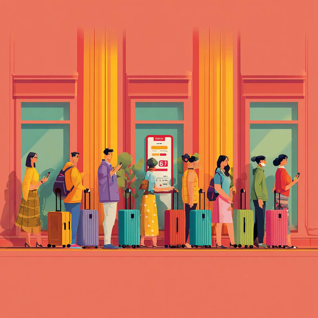 Crowd queueing at Hong Kong bank, cartoon style, vibrant colors, suitcase tourists, phone showing 6% interest rate, flat design
（人群在香港银行排队+行李箱+手机显示6%利率） --ar 1:1 --v 7 --stylize 100 --fast --no 水印