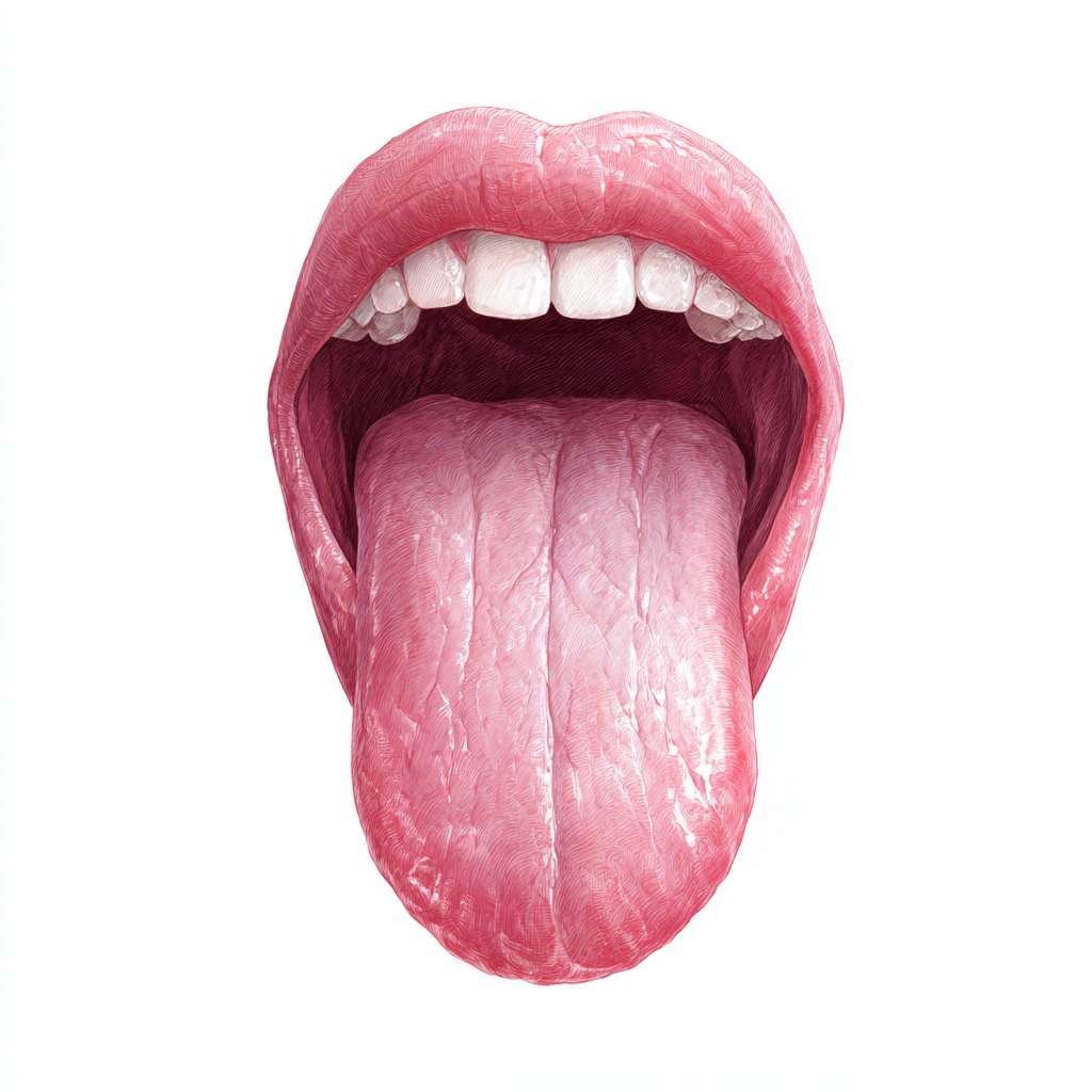 淡白舌,舌体胖大且有齿痕:A pale white tongue with a swollen and enlarged body, clearly visible tooth marks on the sides of the tongue, soft texture, and a slightly moist surface, presented in a realistic style, high - resolution, close - up shot --ar 1:1 --v 7 --stylize 100 --fast --no 水印