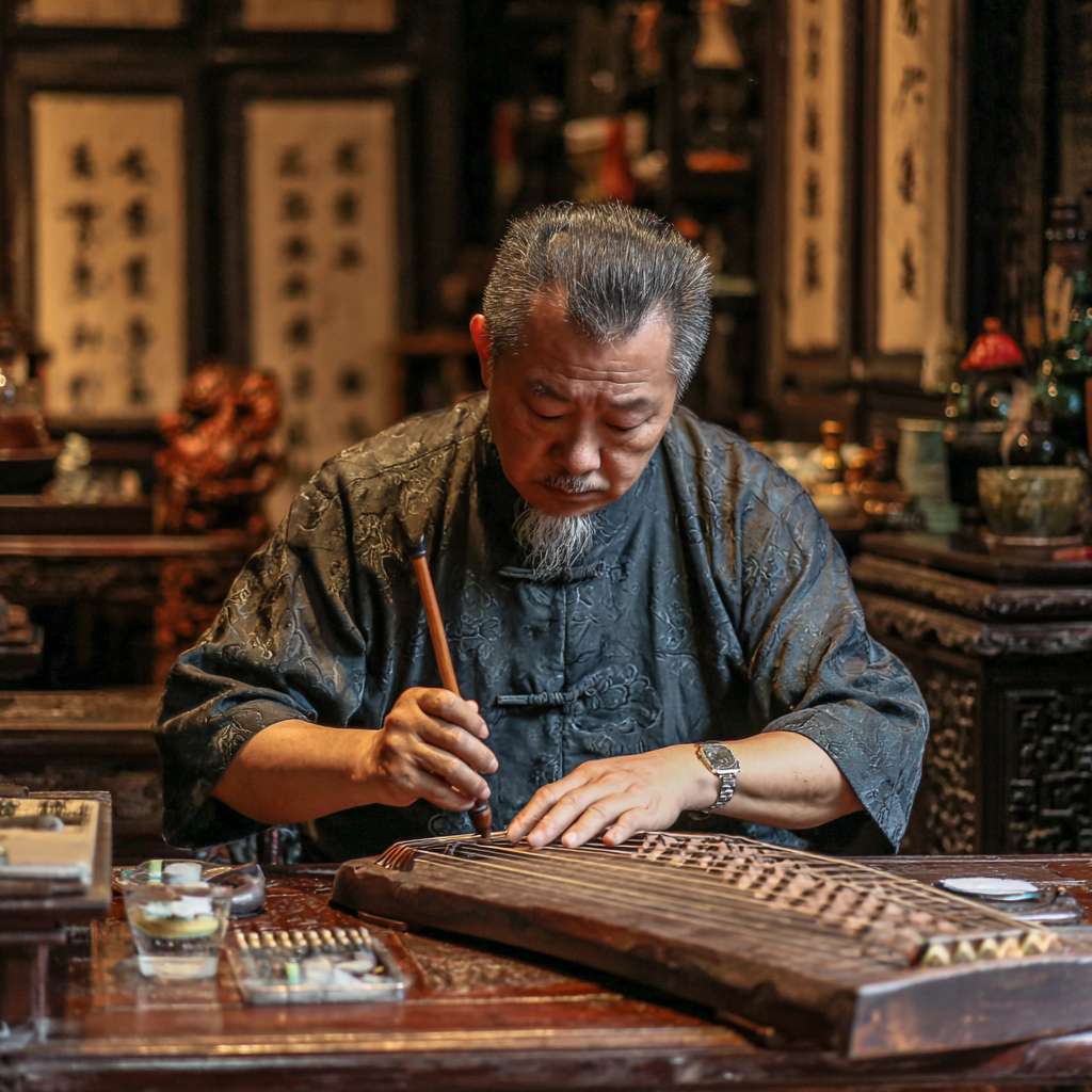鹦鹉洲头，古色古香的桌案上，一只中年男人正在弹琴，视线在古琴跟手上，要能清楚看琴弦 --ar 1:1 --v 7 --stylize 100 --fast --no 水印