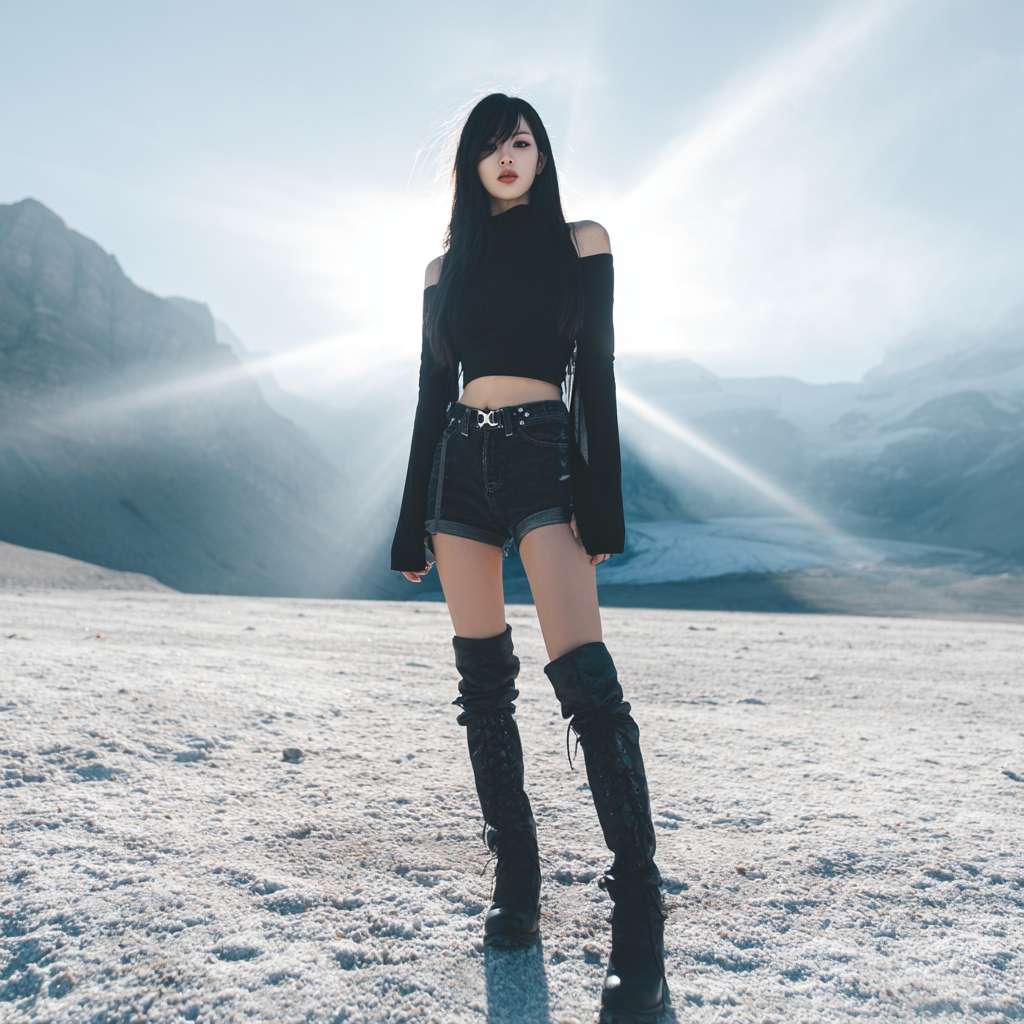美少女，正面，长发，黑发，牛仔短裤，长腿，长靴，冬天，雪，雪地，雪山，光线 --ar 1:1 --v 7 --stylize 100 --fast --no 水印