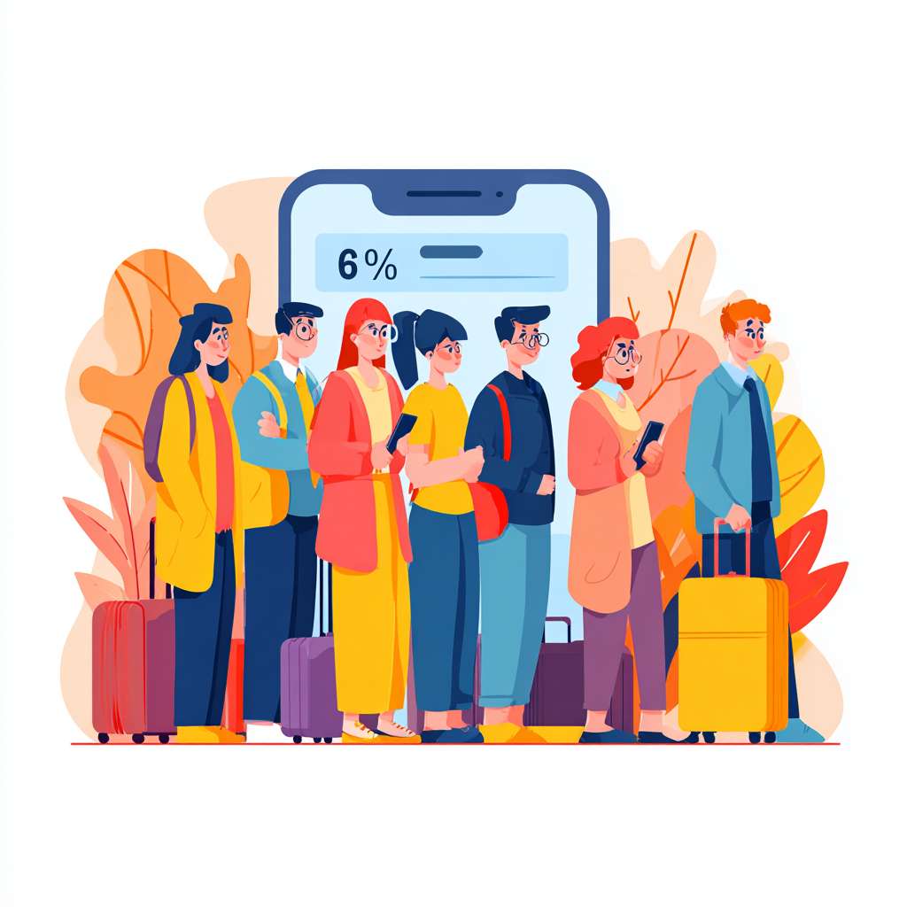 Crowd queueing at Hong Kong bank, cartoon style, vibrant colors, suitcase tourists, phone showing 6% interest rate, flat design
（人群在香港银行排队+行李箱+手机显示6%利率） --ar 1:1 --v 7 --stylize 100 --fast --no 水印