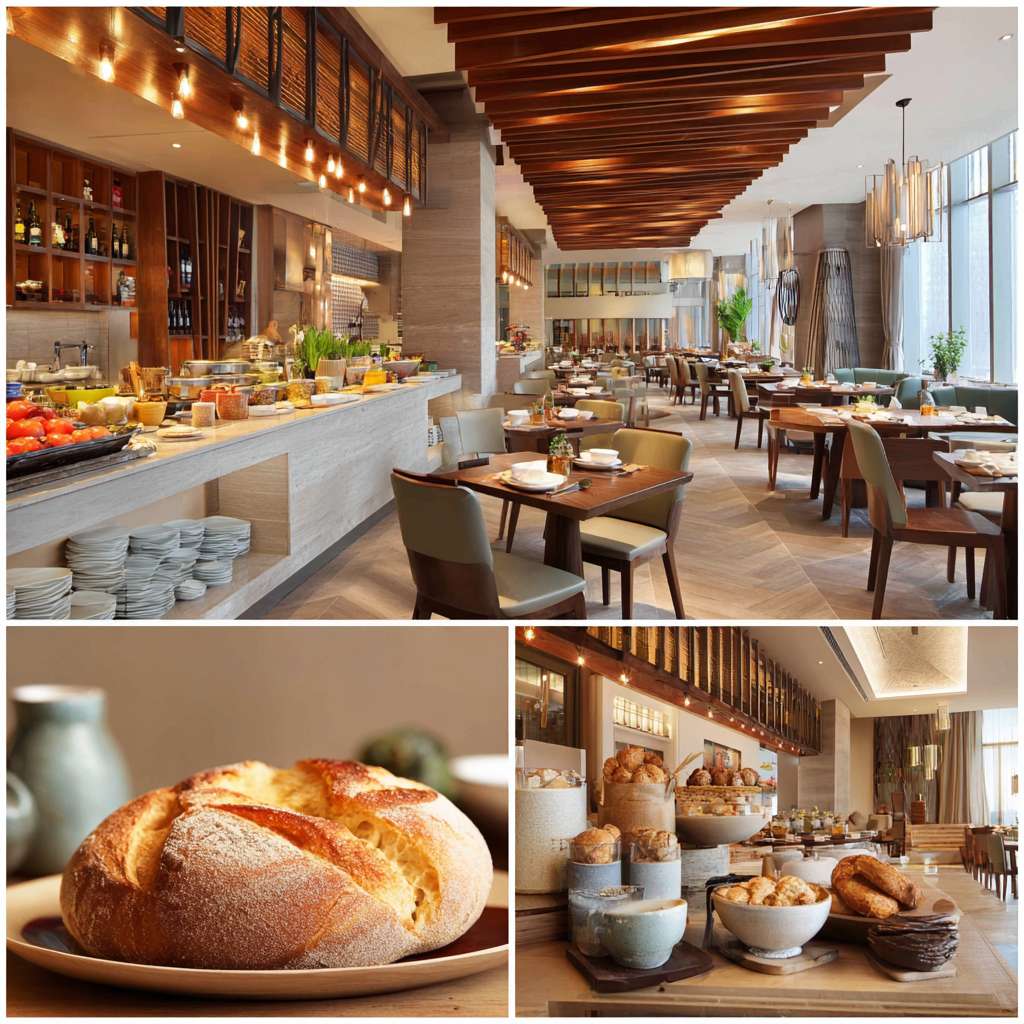 帮我做五张汉庭真实酒店餐厅早餐宣传实拍照片 --ar 1:1 --v 7 --stylize 100 --fast --no 水印