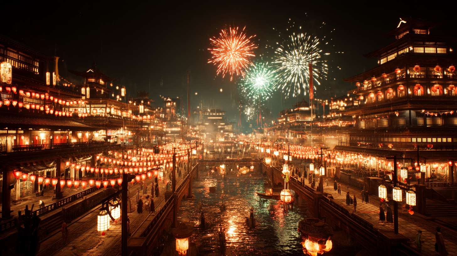 Unreal Engine 5 rendering, in this awe-inspiring scene of the ancient Luoyang Flower Festival, the composition centers on a vast sea of blooming peonies, surrounded by ancient-style pavilions, buildings, and winding corridors adorned with countless red lanterns, while the night sky is continuously lit up by colorful fireworks, the foreground features a celebrating crowd dressed in elegant Hanfu singing and dancing, the middle ground includes traditional Chinese architecture such as eaves-cornered pavilions, and the background blends deep blue starry skies with brilliant fireworks, in terms of color, vibrant reds, golds, and greens dominate, symbolizing luck and wealth, with the pink and white of the flowers sharply contrasting with the warm yellow of the lanterns, and the multicolored lights of the fireworks adding dynamic color variations, the lighting effects are exquisitely detailed, the soft glow from the lanterns casts warm shadows on people's faces and the ground, while the explosive flashes of fireworks create dazzling halos, contrasting with the cool moonlight to enhance the image's depth and dynamism, the entire scene is bustling and lively, with lanterns swaying gloriously, fireworks sparkling brilliantly, and the crowd cheering incessantly, as if transporting the viewer into a dreamlike ancient prosperous era filled with the charm of Chinese elements. --ar 16:9 --v 7 --c 20 --quality 4 --stylize 100 --fast