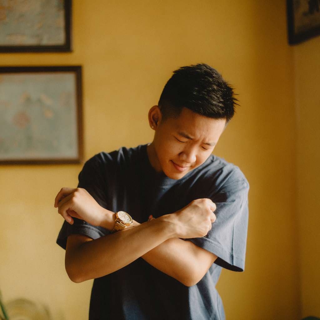 A picture of an Asian person peacefully slapping their cubital fossa --ar 1:1 --v 7 --stylize 100 --fast