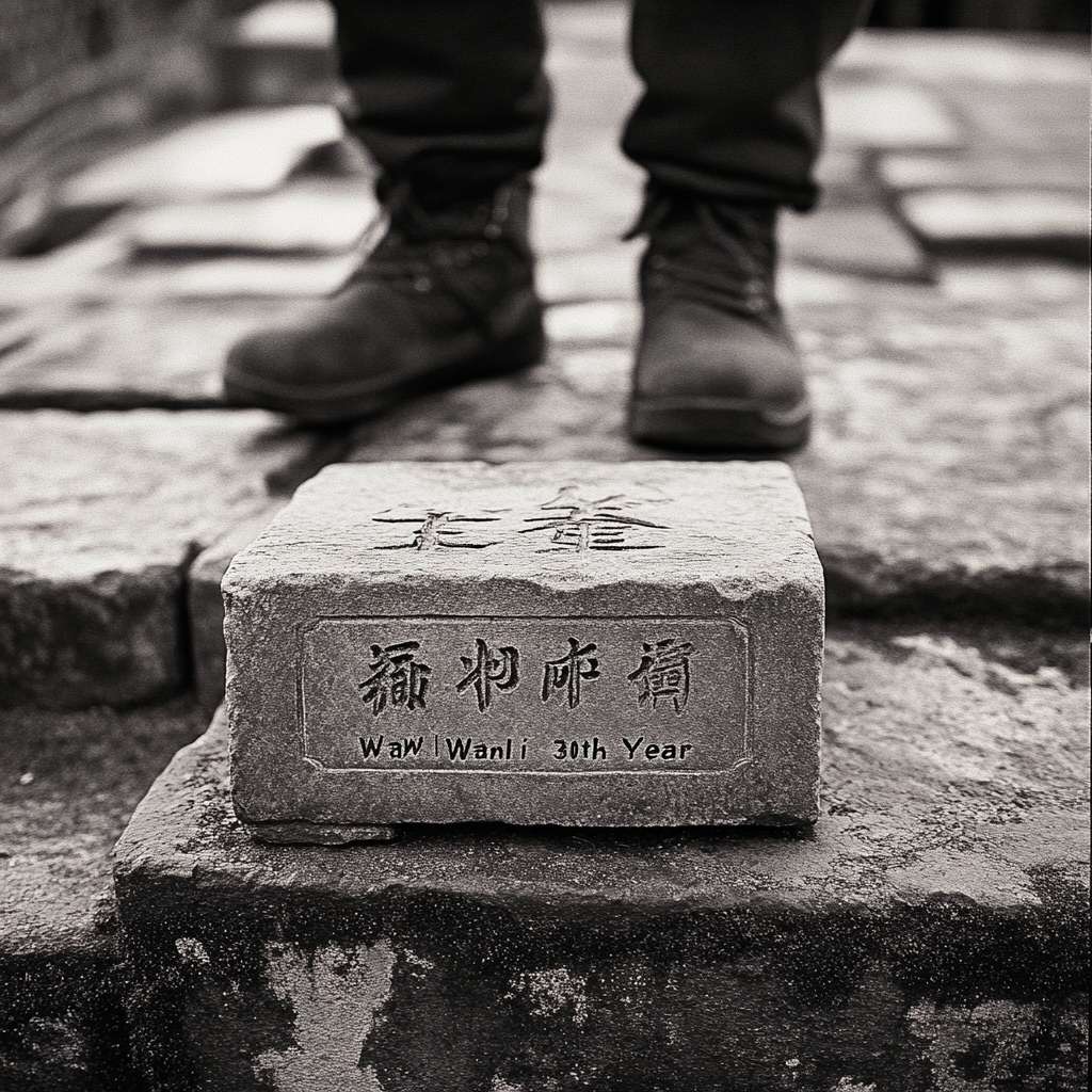 青年每登一级台阶，脚下石板浮现明代工匠雕凿的“万历三十年”字样（特效处理） --ar 1:1 --v 6.1 --stylize 100 --fast