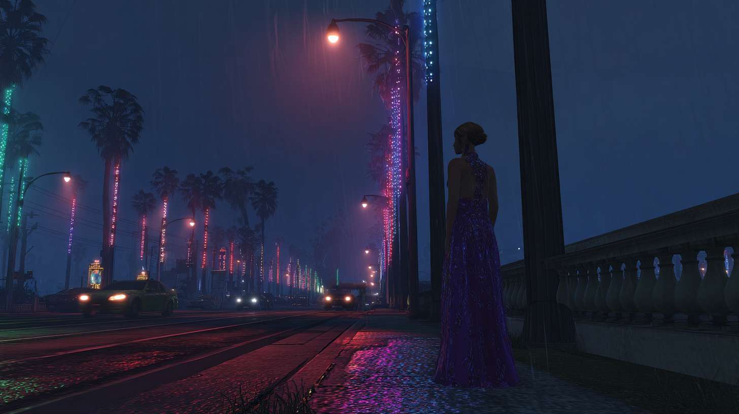 现代3D动画风格，在洛杉矶街道上的灯柱上，当时那里正下着毛毛雨。霓虹灯在潮湿的柏油路上反射出一种迷幻的景象，一个金发女人穿着华丽的紫色长裙站在前方不远处正对着镜头 --ar 16:9 --v 7 --stylize 100 --fast --no 水印