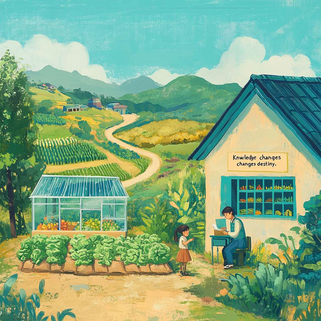 场景：小山村逐渐有了变化。
角色：
农民正在田里劳作，身后是一片绿油油的庄稼。
小女孩在新建的学校教室里上课，窗外可以看到新修的公路。
细节：
农民身后有一个小型的温室大棚，里面种满了蔬菜。
教室里有现代化的教学设备，墙上挂着“知识改变命运”的标语。
山坡上有一些新种的果树。
色彩：整体色调更加明亮，绿色和蓝色为主，象征生机和希望。 --ar 1:1 --v 6.1 --stylize 100 --fast