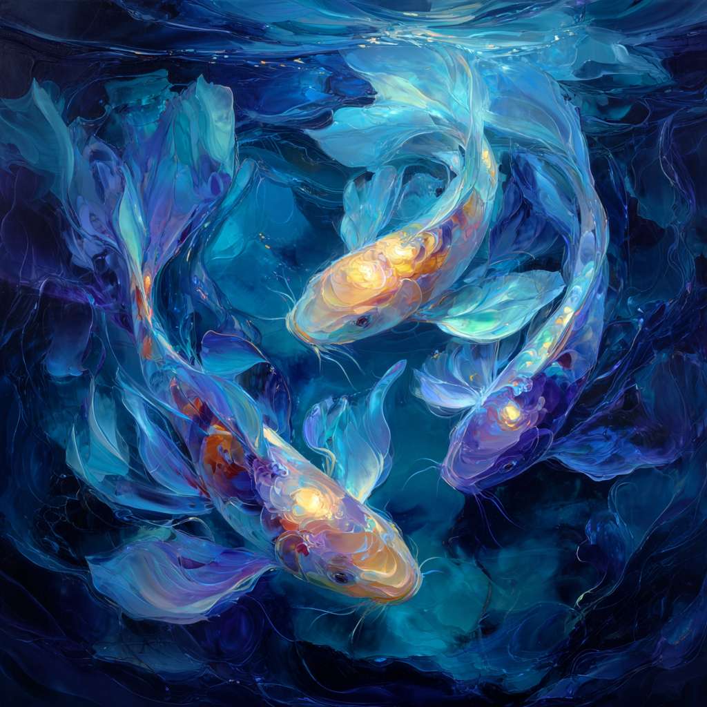 Dreamy depths in indigo blue, iridescent light dancing around vivid koi, expressive strokes for fluid grace, abstract. --ar 1:1 --v 7 --stylize 100 --fast