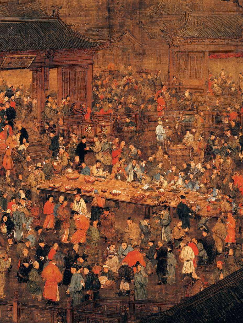 宋代酒肆、蹴鞠场和说书场同时发生冲突，人群混乱，桌椅损坏，宋代市井文化表现，动态构图，棕色调 --ar 3:4 --v 7 --stylize 100 --fast --no 水印