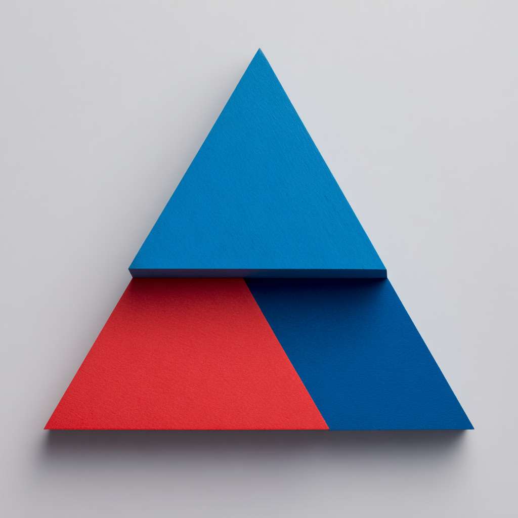 只需要简单的线段，两个独立等腰三角形两个角挨着，在下面，一个等腰三角形左边的角挨着下面左边的三角形的顶点，右边的角挨着下面右边的三角形的顶点在上面，组成一个新的等腰三角形 --ar 1:1 --v 7 --stylize 100 --fast --no 水印