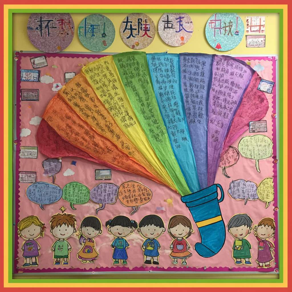 幼儿园大班布置推广普通话手抄报作业，如何构思一个画面鲜明、主题突出、以图为主的手抄报内容。
一、整体构图：一个大大的“喇叭”当主角
画一个几乎占满纸的彩虹色大喇叭（圆锥形+喇叭口），象征“把普通话传遍天下”。
喇叭口朝右上角，自然形成“对角线构图”，空白处正好放文字。
喇叭里“喷”出 4 个彩色气泡，每个气泡里画一幅小图，对应 4 句童谣。
二、4 句“一看就会读”的童谣（每句 5～7 个字，方便孩子描红）
把 4 句童谣分别写进 4 个气泡里，字大、描红、加拼音，老师家长一眼能读。
① 举起彩虹小喇叭
② 大家来说普通话
③ 字正腔圆顶呱呱
④ 祖国妈妈笑哈哈
三、配角让画面“活”起来
喇叭左下画 2 个小朋友，一个汉族、一个少数民族（加小辫子或特色服饰），一起张大嘴做“a—o—e”口型，体现“大家都说普通话”。
喇叭右下画一只卡通“话筒精灵”（给话筒画手脚、笑脸），手拿“五星小贴纸”，暗示“说得棒就奖励”。
背景用淡色中国地图剪影（或只画几座不同颜色的小房子），表示“普通话传四方”。
四、颜色搭配口诀
“喇叭彩虹色、人物原肤色、背景淡蓝绿”，保证主角色彩炸、背景不抢戏。
五、标题 
大家来说普通话
六、手工加分小技巧
喇叭口边缘贴一圈金色亮粉胶，太阳一照“闪”——抓眼球。
4 个气泡用泡沫胶垫高 3 mm，立体又好玩。
把童谣字做成小拉环，孩子能来回拉动，互动感满满。 --ar 1:1 --v 7 --stylize 100 --fast --no 水印