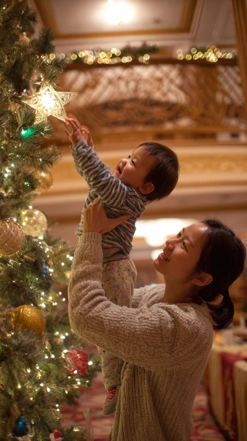 2圣诞树顶挂星星，妈妈托举孩子，树身缠绕彩灯，地面有未挂的袜子装饰，镜头从下往上推，温馨写实风妈妈孩子都是外国人 --ar 9:16 --v 7 --stylize 100 --fast --no 水印