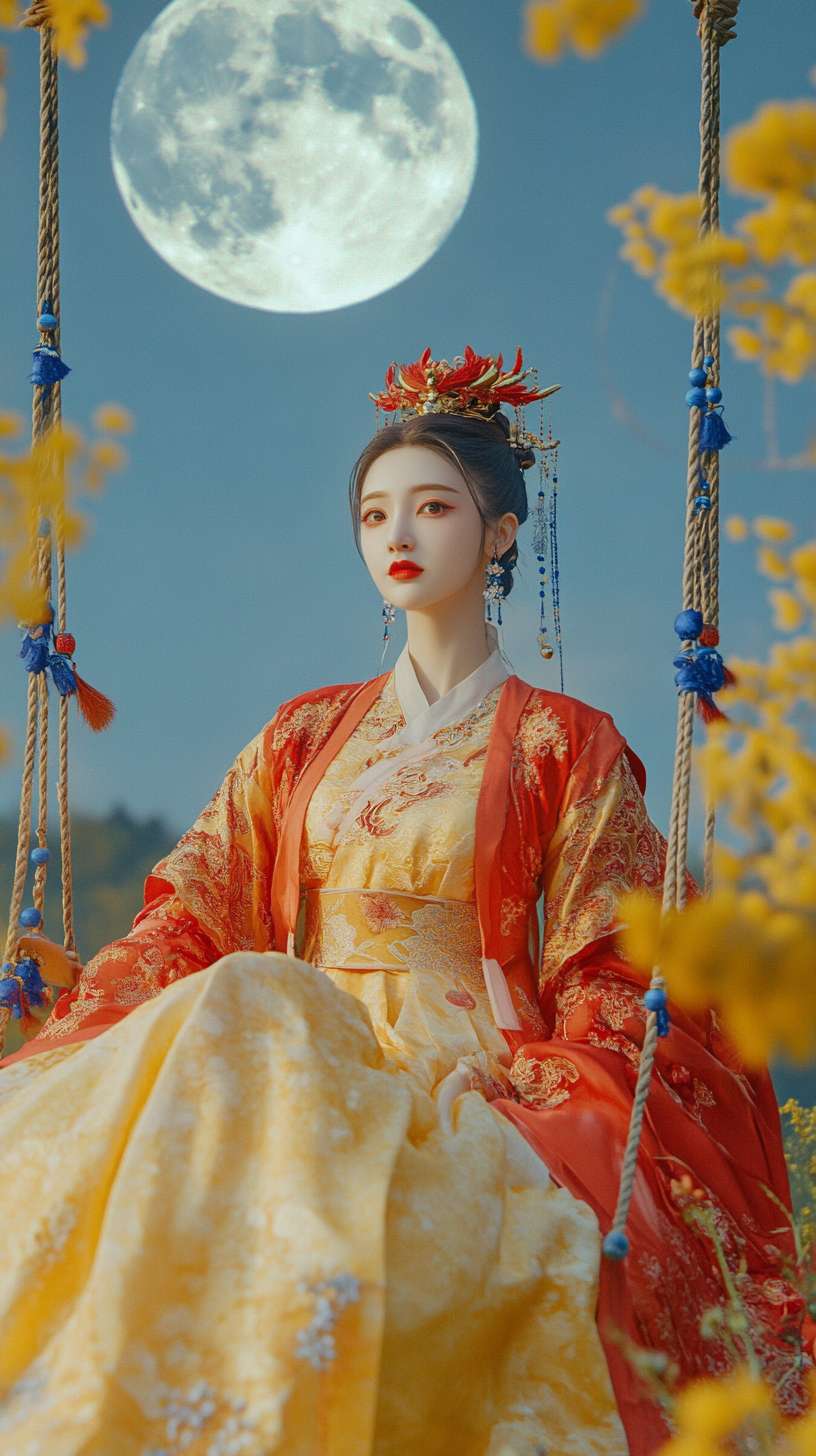 视频展示了一位优雅的女子身着红黄交织的唐朝贵妃服装，坐在精致的秋千上悠然荡漾。要求从头到脚全身照。她头戴红色凤冠，配以蓝色系的耳环与项链，更显其端庄秀丽。背景中的满月明亮夺目，四周簇拥着黄花绿叶，营造出一幅如诗如画的景色。秋千的绳索上挂着蓝色珠串与小铃铛，随着女子的摆动轻轻作响，增添了几分灵动与趣味。整个画面如同一幅生动的画卷，让人仿佛置身于古风雅韵之中。 --ar 9:16 --v 6.1 --stylize 100 --fast