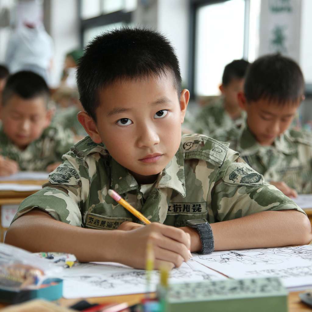 “军事主题夏令营”这个核心信息，为你设计一份可以直接照着画的手抄报图片，3张照片预留位 --ar 1:1 --v 7 --stylize 100 --fast --no 水印