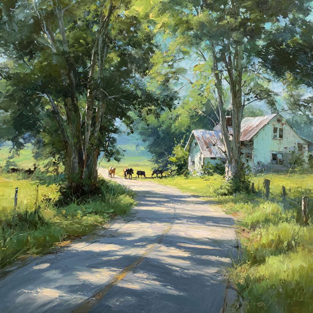 Serene country road through greenery, sunlight breaking into streaks; weathered farmhouse and horses in gentle motion, impressionist strokes capturing tranquility, oil. --ar 1:1 --v 7 --stylize 100 --fast