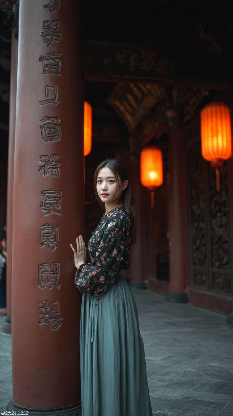https://img-xpc-mj0.xpccdn.com/prod/txt2img/41cd0ee9-a6d1-489f-b685-84eb70e013de/07e9395f-bd24-4b7d-bd0a-a496acee976f_0_0.png~tplv-5yakomv5zn-auto-v1%3A1024%3A0%3Aq75.jpg 在此图片基础上，柱子后探头的动作补充细节，柱子、女子和佛像方向调整达到女子探头以后缓步走进去的是寺庙里面的朝向 --ar 9:16 --v 7 --stylize 100 --fast --iw 1 --no 水印