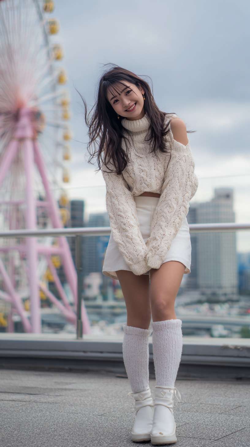 亚洲美少女，可爱，超短裙，高领，无袖，腹肌，短靴，白色过膝长袜，摩天轮，长发，微笑，高清晰 --ar 9:16 --v 7 --stylize 100 --fast --no 水印,水印,水印,水印