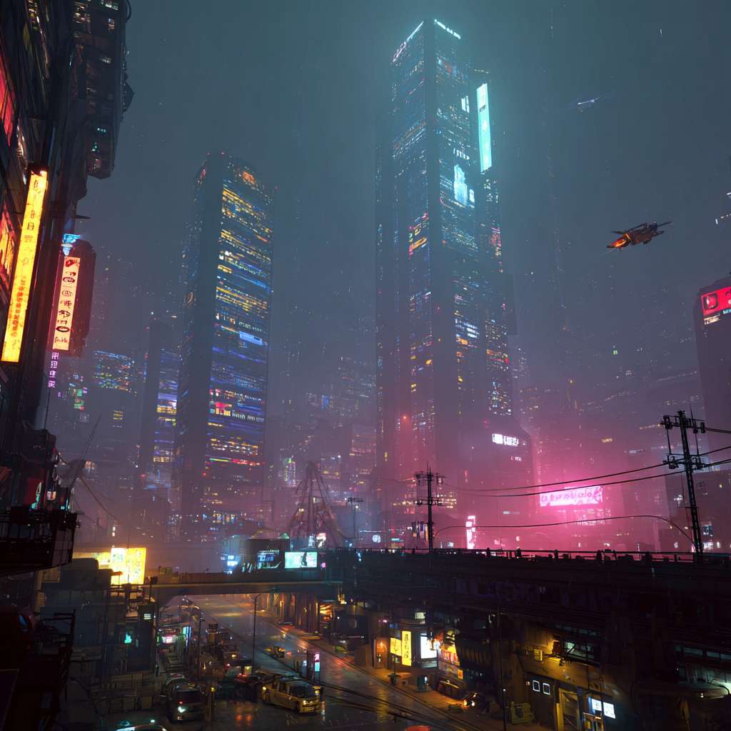 核心主题:-座雨夜中的赛博朋克风格城市。

必须元素:包含高耸的摩天大楼、发光的霓虹灯广告牌、空中飞驰的交通工具。

风格要求:色彩要鲜艳对比强烈，要有电影级的质感和细节。 --ar 1:1 --v 7 --stylize 100 --fast --no 水印