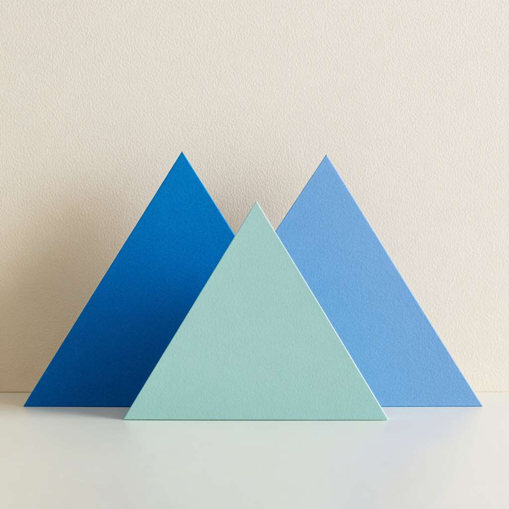 只需要简单的线段，两个独立等腰三角形两个角挨着平放在下面，一个等腰三角形左边的角挨着下面左边的三角形的顶点，右边的角挨着下面右边的三角形的顶点在上面，组成一个新的等腰三角形 --ar 1:1 --v 7 --stylize 100 --fast --no 水印