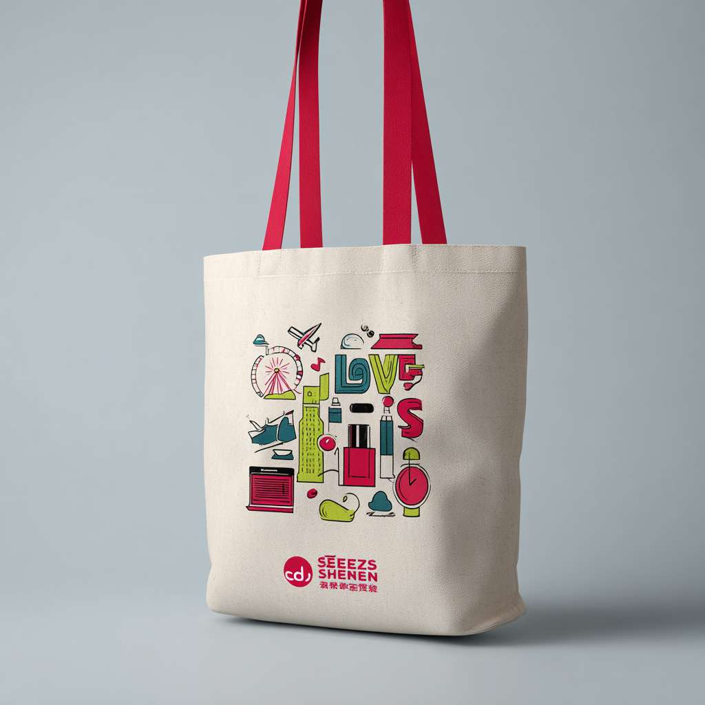 A realistic 3D rendering of a fashionable tote bag in use. The bag is made of off-white canvas fabric with vibrant red handles. The front side clearly shows the modern, colorful illustration of cosmetics, liquor bottle, watch, and city icons (airplane, ship, ferris wheel) with the text "LOVES SHENZHEN". The back shows the simple "cdf会员购" logo. The bag is photographed in a well-lit urban setting, showcasing its texture, style, and youthful, vibrant vibe. Professional product photography, high detai --ar 1:1 --v 7 --stylize 100 --fast --no 水印
