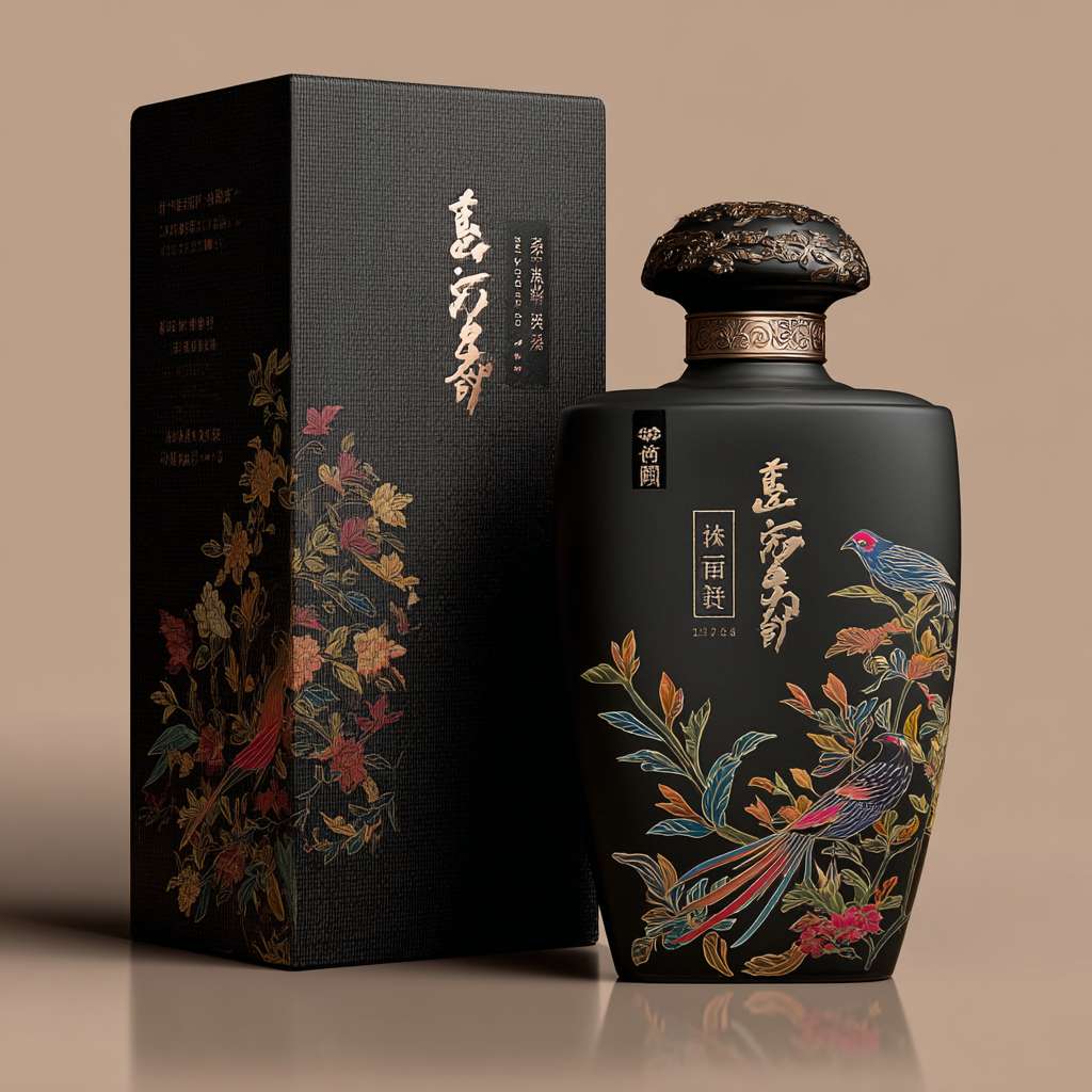 请绘制一个有磨砂质感的铁罐长方形，罐身为黑金色搭配，部分设计为洒黄精植物绘画图案，精美，色彩明亮，渲染为彩绘植物，颜色灵感来源自太阳光下的植物，包装名称酒黄精字体变形，适合整体包装设计，整体呈现质感而高档的色彩搭配。同时设计一个与罐子风格相匹配的高档质感的包装盒子，盒子大小适合放置此罐子，颜色与罐身相呼应，但适当加强质感及对比。以营造出去交感和空间感。请确保整个设计的渲染质量高，细节清晰，颜色饱满，以展示产品的高端质感。 --ar 1:1 --v 7 --stylize 100 --fast --no 水印