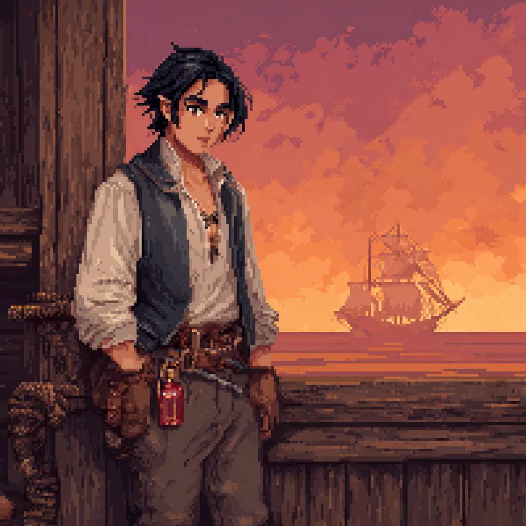 A young half-elven sailor named Baya standing on a wooden dock at sunset, slightly pointed ears, deep-blue eyes, shoulder-length black hair with sun-bleached brown tips, bronzed skin, lean muscular build. He wears a worn white linen shirt with sleeves rolled up, a patched dark-blue vest, gray roughcloth pants tucked into brown leather boots. On his waist, a dark leather belt holds a small red potion bottle and a rustic brown flask. A short sword in a simple wooden scabbard hangs at his side. His expression is a mix of guarded suspicion and hidden longing. Behind him, a silhouette of a sailing ship under a pink-orange sky. Style: pixel art character portrait, 32x32 or 64x64 sprite, limited color palette, clear outlines, detailed shading, nostalgic retro video game aesthetic --ar 1:1 --v 7 --stylize 100 --fast