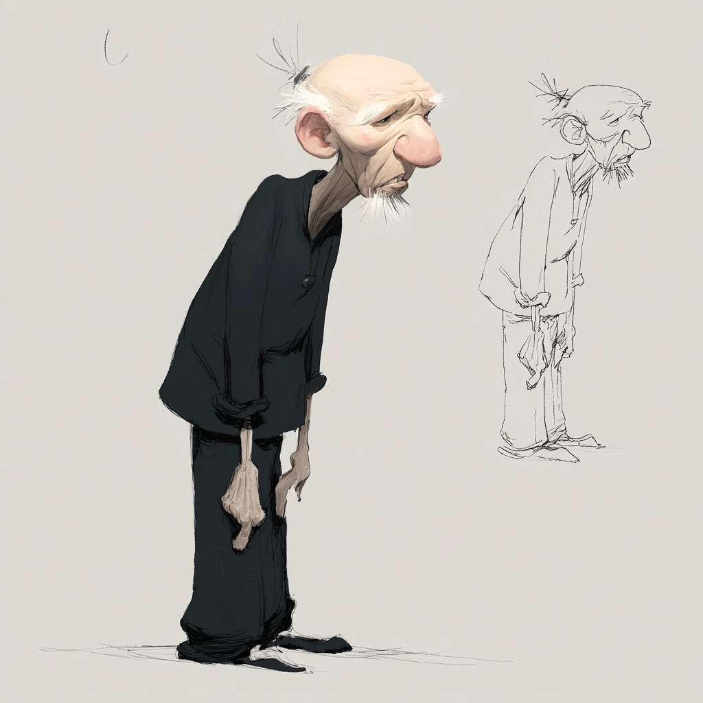 根据参考图，生成一位奶奶老人，矮个子，驼背严重，头花花白，身体佝偻着，简单线条风格，形式简单易懂，动画主体人物的形状，黑白，草图风，抽象，大师级风格，小胖子 --ar 1:1 --v 7 --stylize 100 --fast --no 水印