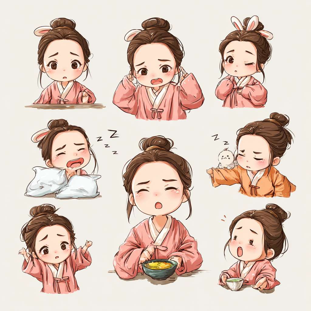 穿着汉服的小女孩，两只兔子耳朵，古典精致，全身图，9种姿势和表情，打招呼，谢谢，睡觉，离开，抱抱，可爱，伤心，大笑，失望，害羞，困倦，吃饭，头晕，表达爱意等，卡通动漫风格，各生成一张图片 --ar 1:1 --v 7 --stylize 100 --fast --no 水印