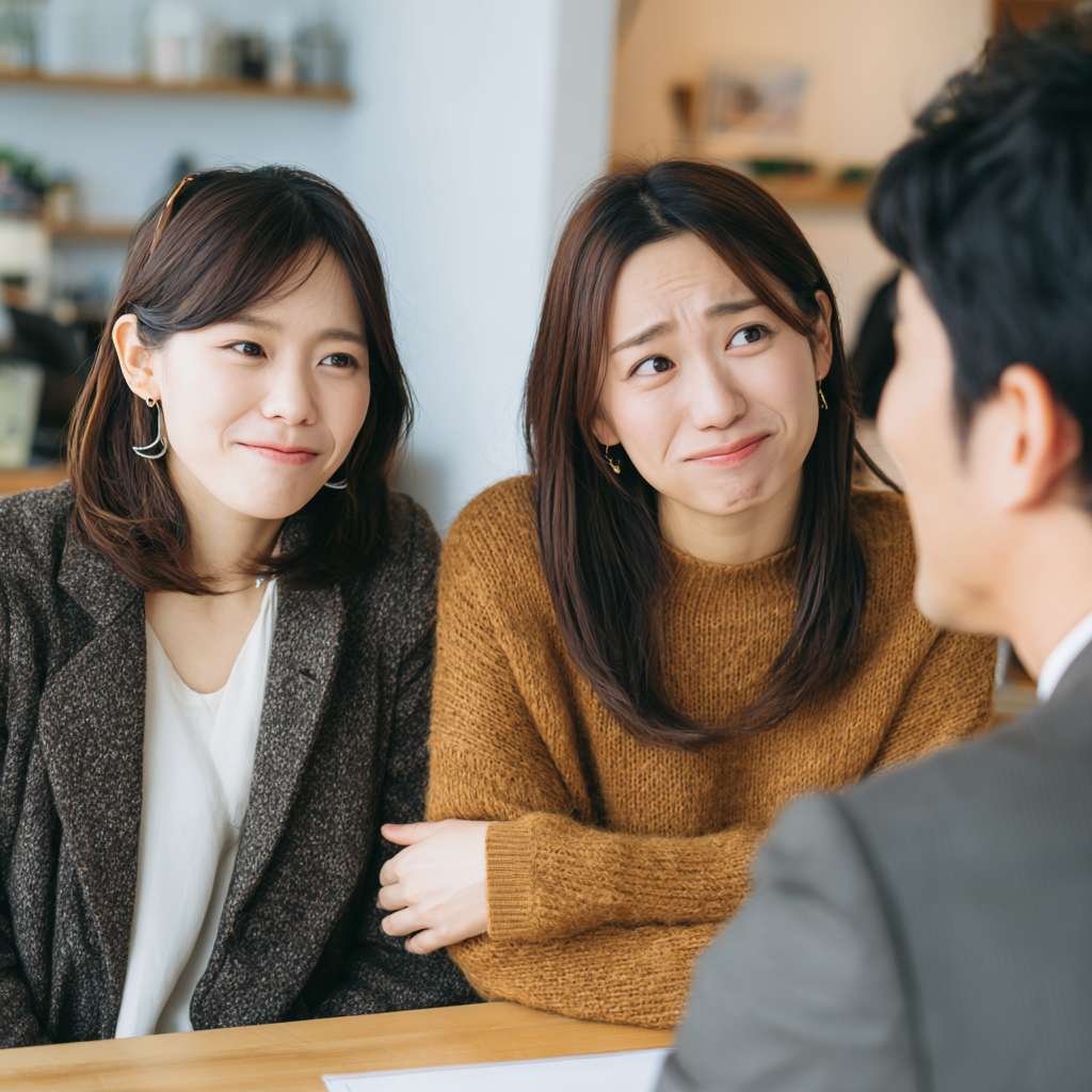 咖啡馆里三个时尚的女士并肩而坐，桌对面是一个男性保险代理人，右边的女孩眼神有些嫌弃，左边的女孩在批评她，中间的女孩看着男性保险代理人，表情有些抱歉。镜头从保险代理人右侧后方拍摄，能看到代理人的后背，和三个女生的正面 --ar 1:1 --v 7 --stylize 100 --fast --no 水印