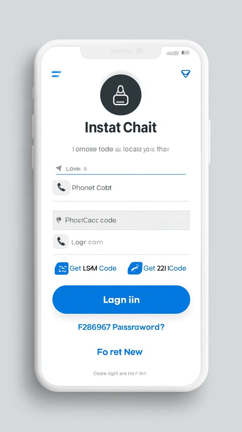 A minimalist login interface for a mobile app. The screen features a light gray background (#F5F5F5). A centered white card with rounded corners contains the login form. This includes a phone number field (with a left-aligned phone icon and gray placeholder text) and a verification code field (with a left-aligned SMS icon and a right-aligned "Get Code" button in blue #2196F3). The "Get Code" button features a dynamic loading indicator. A prominent blue (#2196F3) "Login" button with bold white text is placed below the inputs. A "Forgot Password?" link is situated above the login button. At the bottom, the text "No account?" in gray is followed by a blue "Register Now" link (no underline). The top of the screen displays a circular app icon above the bold black "Instant Chat" title. The interface is clean and uncluttered, with full keyboard navigation support. --ar 9:16 --v 7 --stylize 100 --fast