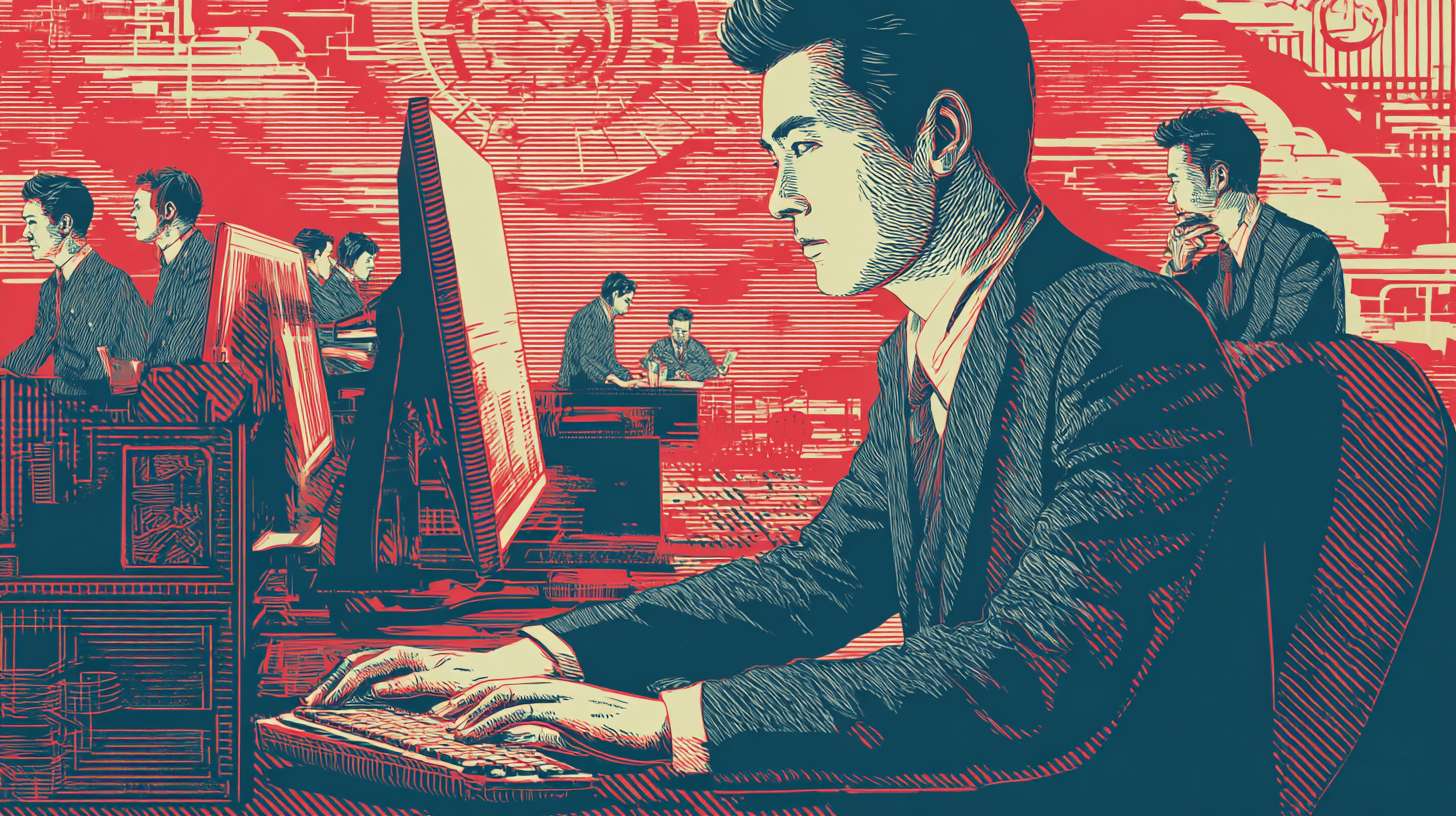 生成一个中国男孩在公司里面用电脑的图片 要有公司的氛围 --ar 16:9 --v 7 --stylize 100 --fast --no 水印