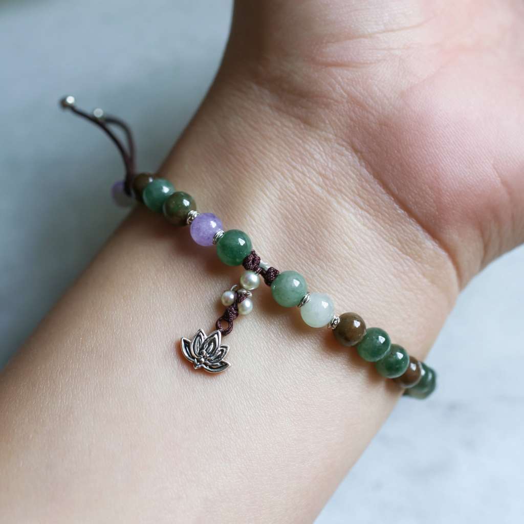 16cm hand chain, 6mm round beads (jadeite: deep spinach green, no flaws, waxy luster; agarwood: warm brown, clear oil lines; amethyst: light lavender purple, semi-transparent), 3mm off-white pearl spacers (6 pieces), 925 silver plated ancient gold small ring (8mm diameter) + mini lotus pendant (6mm length), dark brown 0.8mm elastic cord, symmetrical beading order, close-fitting to 16cm wrist, natural light, soft focus, high detail, realistic texture, minimalist elegant style, neutral background (light gray), macro shot of bracelet on a pale skin wrist --ar 1:1 --v 7 --stylize 100 --fast
