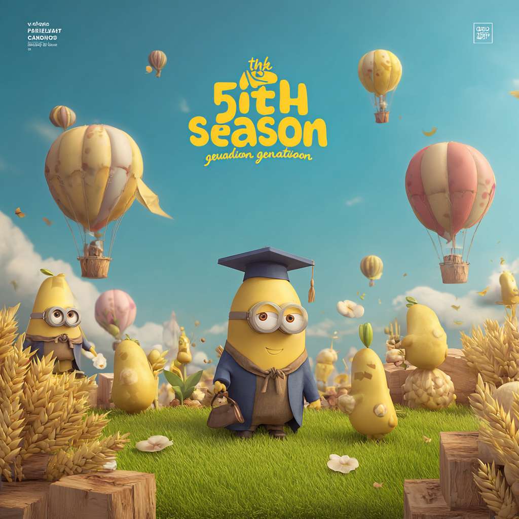 以此图继续修改。首先字要改成“the fifth season graduation ceremony"，然后背景天空中需要加入纸飞机元素，然后画面的底部要有草地，草地上有稻草堆，热气球，木桩。另外带着毕业帽的豆子需要站在一个舞台上。 --ar 1:1 --v 7 --stylize 100 --fast --no 水印