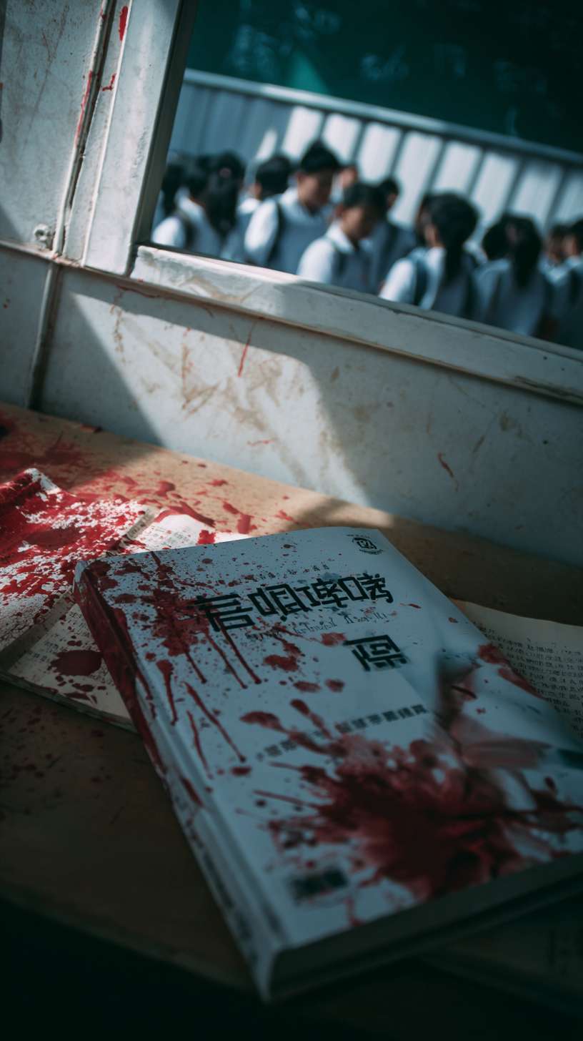 快速交叉剪辑：1) 游戏屏幕中，充满“侠义”字样的高度模糊化战斗画面；2) 现实中的课桌桌面，出现用红笔涂鸦的暴力图案（镜头快速带过，部分像素化处理）。一只手将一本《法律基础》推入画面阴影中。最后是一个仰视镜头：几个模糊的、具有威胁感的学生身影轮廓，挡住阳光，营造压抑感。 --ar 9:16 --v 7 --stylize 100 --fast --no 水印