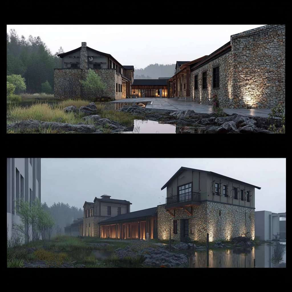 https://img-xpc-mj0.xpccdn.com/prod/upload/b39c4545-0ab0-4ac6-9ef7-3fd407e8503d/%E8%AF%95%E4%B8%80%E8%AF%95.jpg~tplv-5yakomv5zn-auto-v1%3A1024%3A0%3Aq75.jpg https://img-xpc-mj0.xpccdn.com/prod/upload/5b661e5d-4174-421f-88e4-3856f04685b0/%E5%B1%8F%E5%B9%95%E6%88%AA%E5%9B%BE%202025-11-17%20122321.jpg~tplv-5yakomv5zn-auto-v1%3A1024%3A0%3Aq75.jpg 请将图一渲染成精美的效果图，保持图片中构图内容和材质不变（不要对形体进行改动），将图中的材质转换成真实的PBR材质效果，视角不变，风格请参考图二。图中的建筑为【老粮站改造后的建筑群】适当补充周边的绿化、行人，以及适配美丽乡村的环境配景元素。
可选扩展内容：
时刻表达在【白天】，适当增加雾蒙蒙的薄雾及建筑照明、周边环境照明，突出表达的建筑形象与整体空间氛围。 --ar 1:1 --v 7 --stylize 100 --fast --iw 1 --no 水印