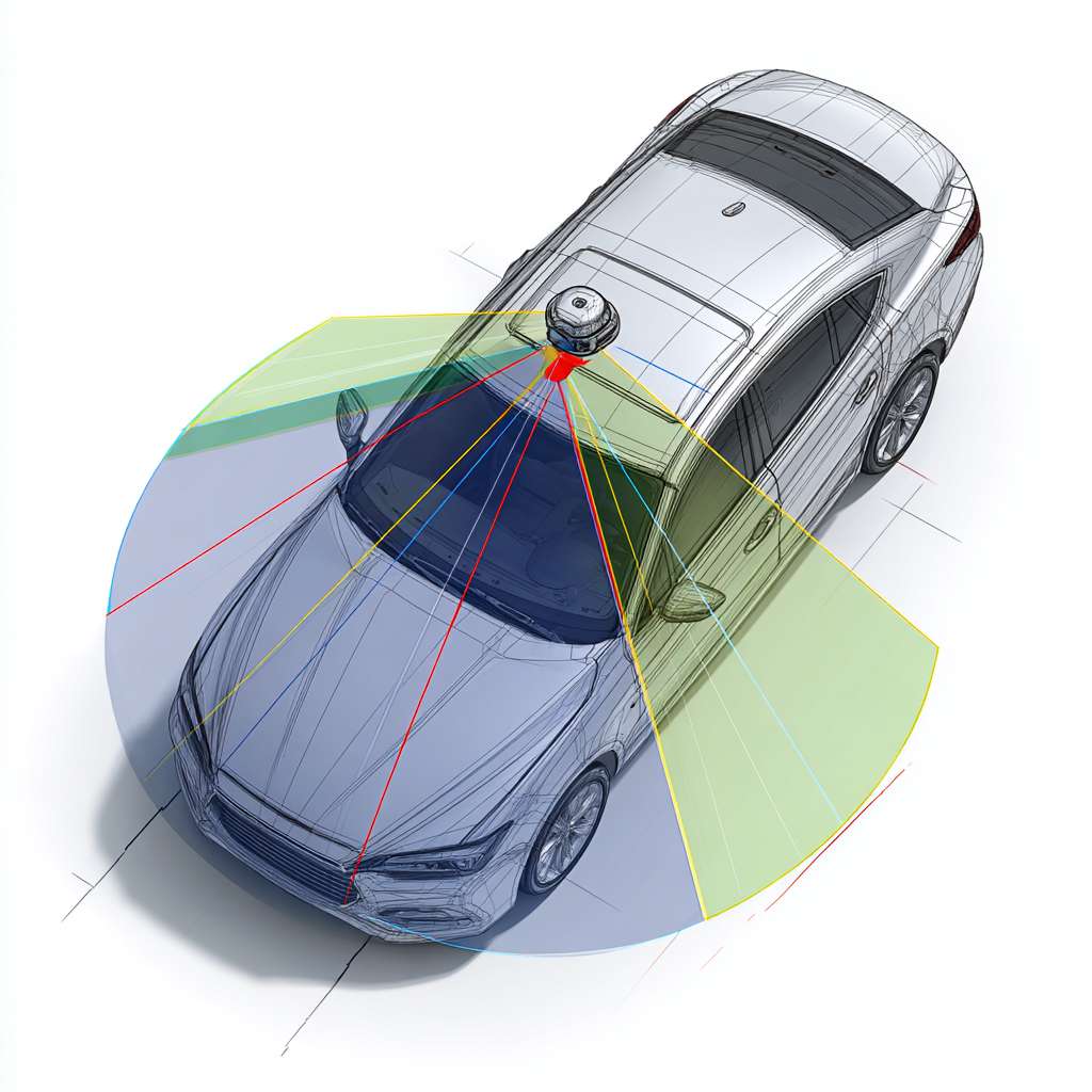 Top-down view of a car with four lidar sensors: one rotating cylinder on roof, two small cubes on front bumper and side mirrors, one on rear bumper. Show colored semi-transparent detection zones (blue 360° circle, green/yellow/red fan-shaped areas). Isometric technical illustration, clean lines, white background. --ar 1:1 --v 7 --stylize 100 --fast