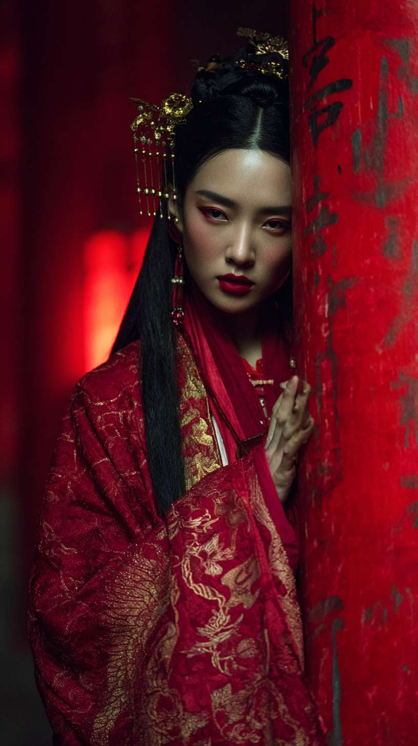 8K high - definition cinematic realism photography in Zhang Yimou's directorial aesthetic style. The real - life Shang and Zhou dynasty palace setting is restored, with the enchanting concubine Daji standing in front of a white marble dragon - carved pillar. Vermilion mist shrouds the red walls and yellow tiles. She wears a twelve - chapter pattern Shu brocade palace dress, with golden - thread coiled nine - tailed fox totems embroidered on the sleeves. The hidden patterns faintly appear under candlelight. Her jet - black hair cascades down to her waist, and nine oriental pearls on her golden hairpin tremble with her movements. The cinnabar mole on her forehead contrasts sharply with the demonic patterns at the corners of her eyes. Her phoenix eyes emit soul - captivating glints, and her vermilion lips seem to hold millennia of resentment. A wisp of purplish - blue demonic aura wraps around her fingertips, casting distorted shadows on the ground. Unsettled blood mist floats beside a bronze jue cup, and palace lanterns refract multiple silhouettes. The overall color palette uses Zhang Yimou's signature red - black contrast, complemented by cool blue light to enhance the historical gravitas and mysterious atmosphere. --ar 9:16 --v 7 --stylize 100 --fast