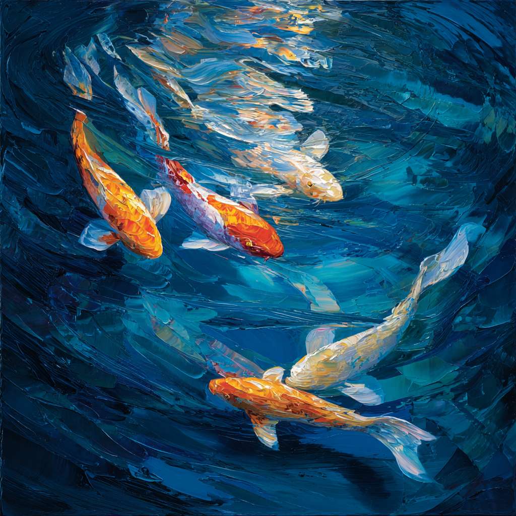 Dreamlike underwater world in deep blues, iridescent light ripples and colorful koi fish in dynamic motion; expressive brushstrokes—thick and thin—capture water’s flow and fish’s agility, abstract oil with lively energy. --ar 1:1 --v 7 --stylize 100 --fast