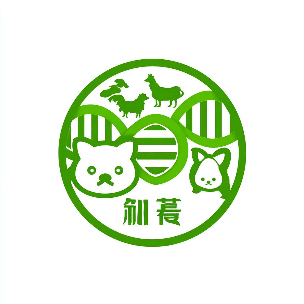 首先，我想要一个圆形logo，整体是绿色。里面有DNA双螺旋结构，还有畜禽动物的体现 --ar 1:1 --v 7 --stylize 100 --fast --no 水印