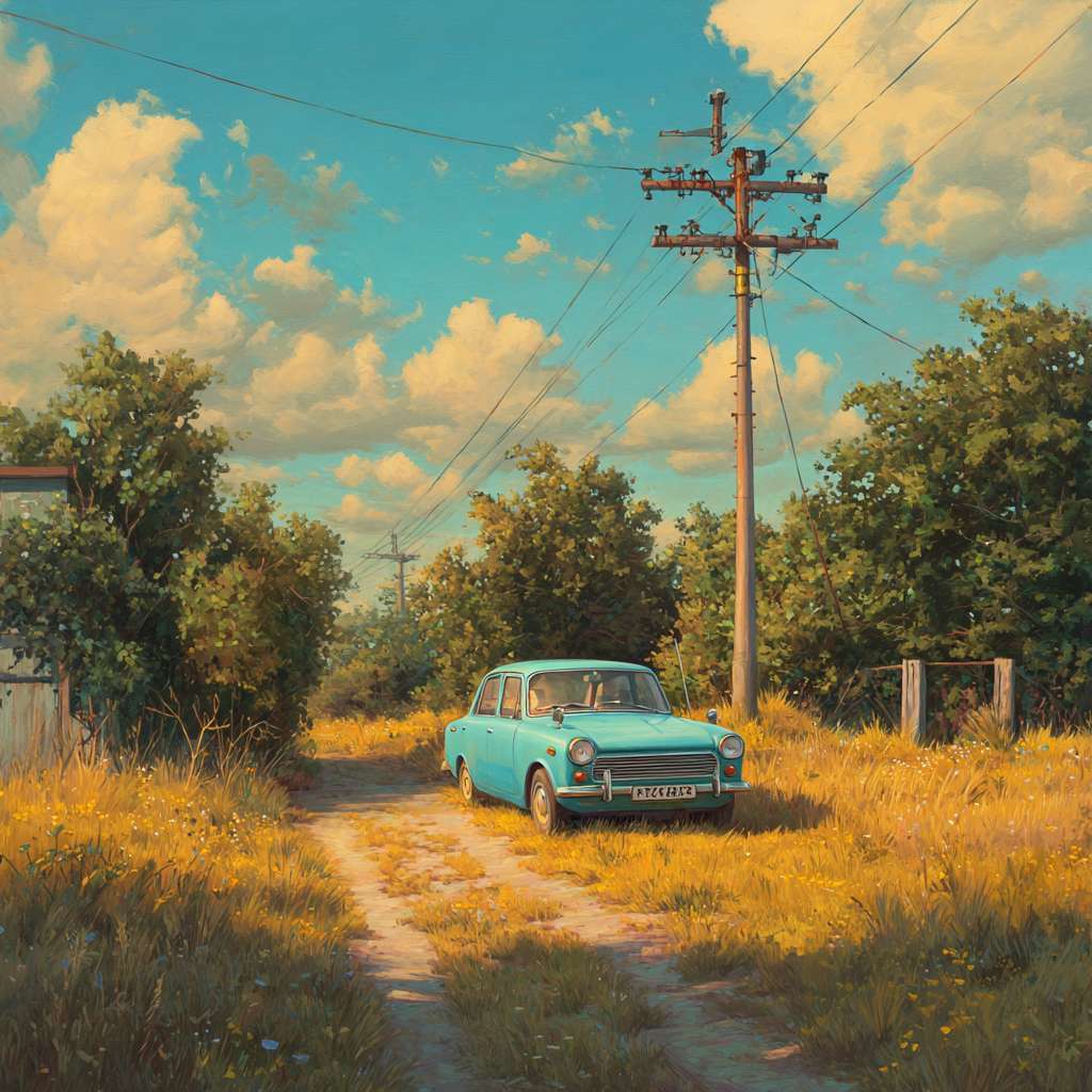 乡间小路，汽车行驶 --ar 1:1 --v 7 --stylize 100 --fast --no 水印