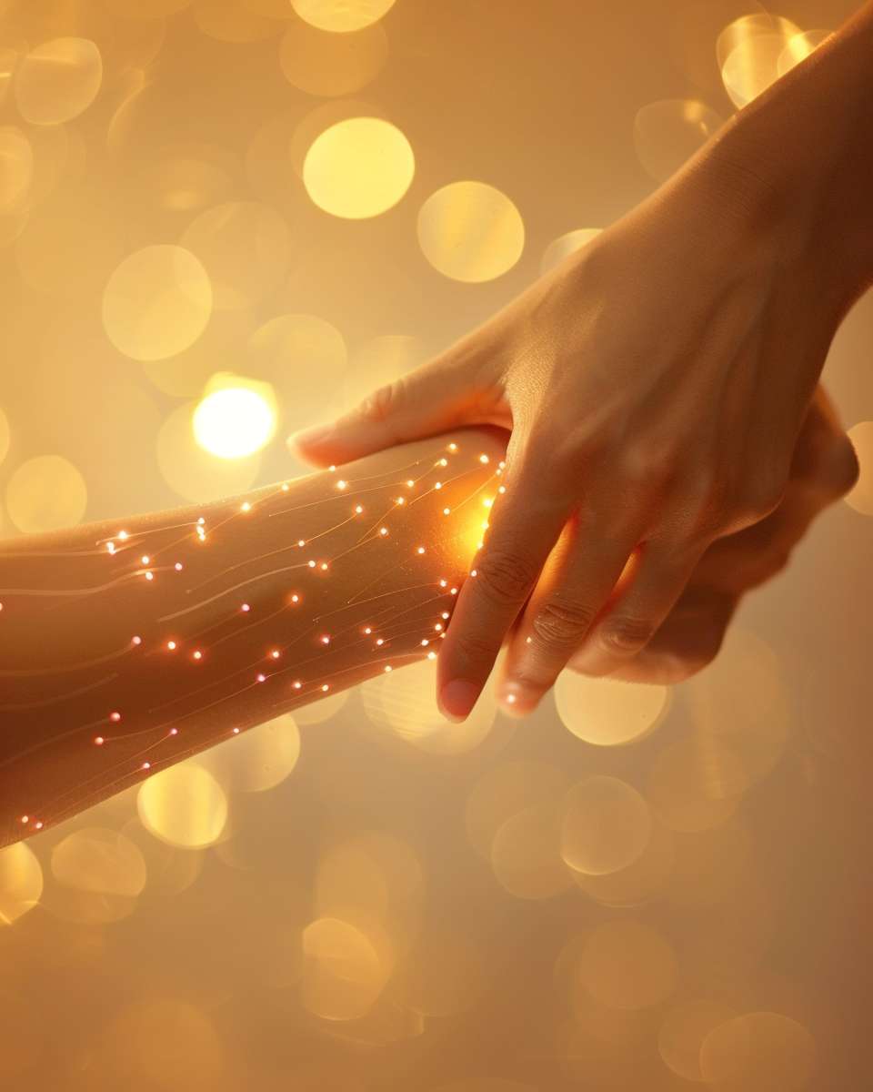 A close-up of an Asian person gently tapping the folds on the inside of their elbow crease, with red acupuncture points glowing and a soft golden light, in a minimalist medical illustration style, without text --ar 4:5 --v 6 --stylize 100 --fast