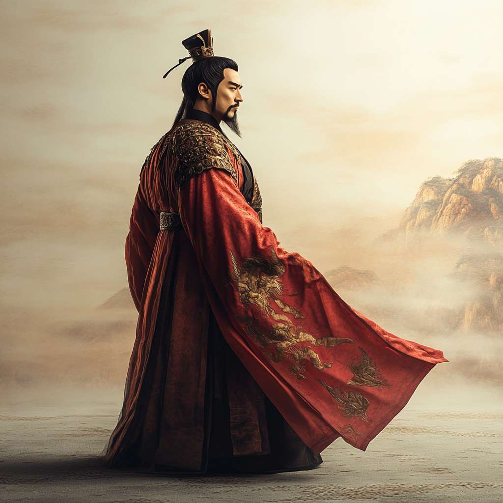 主题：史上最逆袭帝王（中国汉朝帝王） 风格：写真
细节：这位帝王身姿神秘侧身，动作夸张，霸气，立于洁净地板，背景清爽，以写真风格呈现，便于抠图。 --ar 1:1 --v 6.1 --stylize 100 --fast