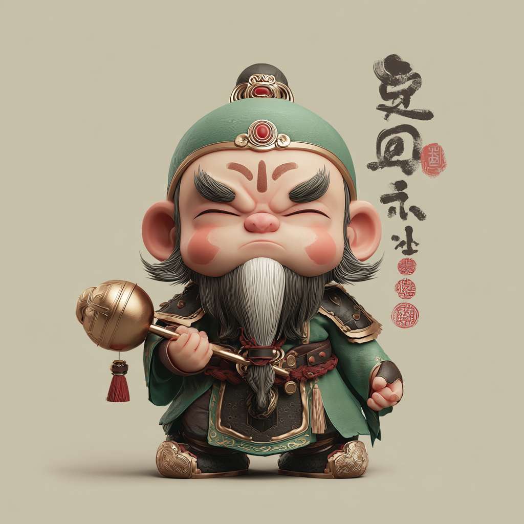 生成一个孙悟空游戏图像，要求为卡通国画风格，孙悟空为战力闭目姿态 手持金箍棒 --ar 1:1 --v 7 --stylize 100 --fast --no 水印