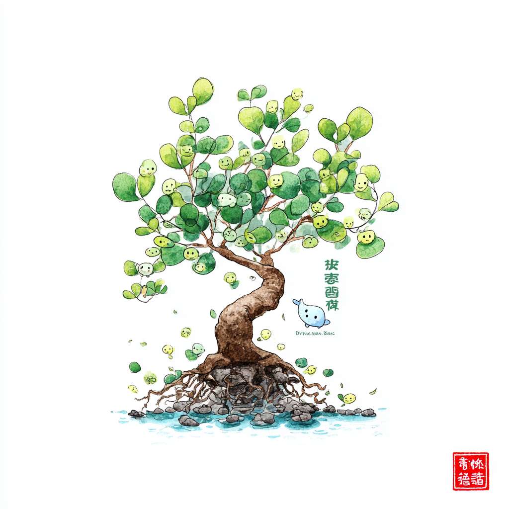 一棵矮胖的卡通大树，树干是棕色曲线，树枝向左右轻轻舒展，树叶是嫩绿色的小椭圆形（每片叶子都画个小笑脸）；树根部分不埋在土里，而是画成 “缠绕着小水滴” 的样子（水滴是蓝色半圆，带小波纹），代表 “道滋养自然”。简笔画 --ar 1:1 --v 7 --stylize 100 --fast --no 水印