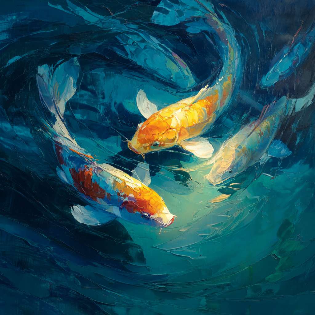 Dreamy blue depths with iridescent light rippling around koi, expressive strokes for water’s motion and fish’s agility, abstract oil. --ar 1:1 --v 7 --stylize 100 --fast